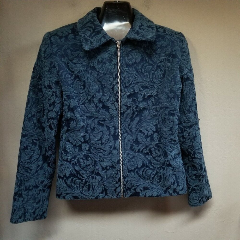 Vintage Lori Zoni Womens Small Zip-Front Chenille Textured Paisley Jacket Blue